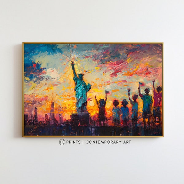 4th July Printable Wall Art - Whimsical Oil Painting of Children & Statue of Liberty, Rustic Farmhouse Patriotic Decor