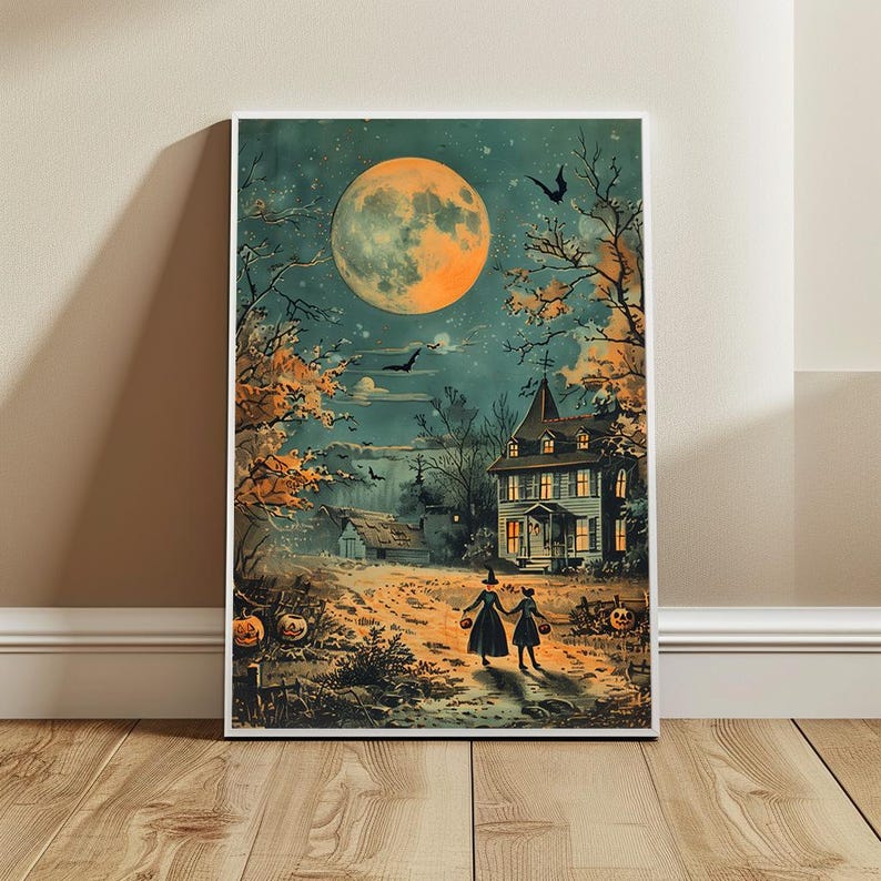 trick or treat halloween scene vintage print
