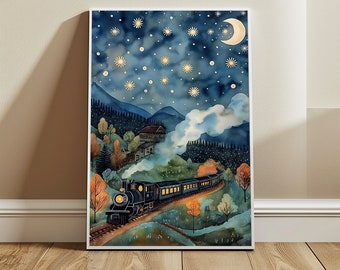 May include: A watercolor painting of a train traveling through a mountain landscape at night. The train is black with gold accents and is illuminated by the moon and stars. The sky is a deep blue with white stars and a crescent moon. The mountains are dark green and the trees are a mix of green and brown.