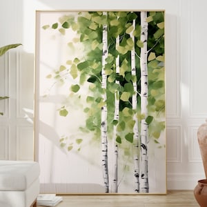 Spring Birch Wall Art | Acrylic Canvas Painting | Living Room Décor | Green Vibrant Trees | Summer Cottage Painting | Instant Download