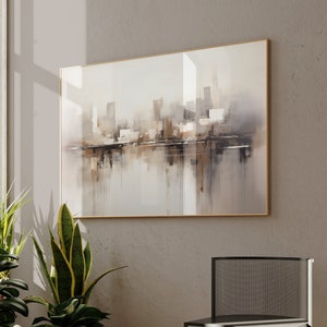May include: A living room interior with a modern chair, a large abstract painting, and several houseplants. The painting is in shades of brown and gray and depicts a cityscape. The chair is black metal with a mesh back and seat. The plants are in terracotta and ceramic pots.