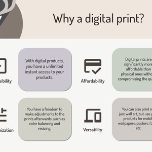 May include: A graphic with a deer illustration and text that reads "Why a digital print?"  The graphic lists four reasons why digital prints are beneficial: accessibility, affordability, customization, and versatility. Each reason is illustrated with a simple icon.