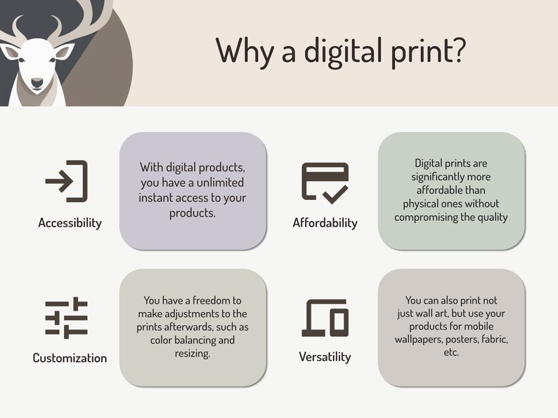 May include: A graphic with a deer illustration and text that reads "Why a digital print?"  The graphic lists four reasons why digital prints are beneficial: accessibility, affordability, customization, and versatility. Each reason is illustrated with a simple icon.