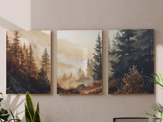 Mountain Forest Art | Nordic Living Room Triptych | Watercolor Landscape | Relaxing Nature Scene | Warm Amber Tones | Instant Download