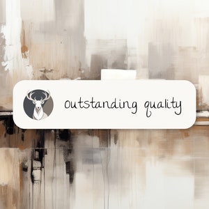 May include: Abstract painting with brown, beige, and white brushstrokes. The painting has a deer head silhouette in the lower left corner. The text "outstanding quality" is written in black on a white rectangle.