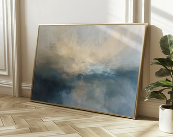 May include: Abstract painting in shades of blue and beige with a gold frame. The painting depicts a hazy, dreamy landscape with a horizon line and clouds.