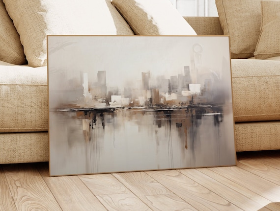 Serene City Skyline Art | Living Room Painting | Calm Urban Wall Art | Brown and Grey Decor | New Home Gift | Instant Download