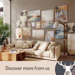 May include: A living room with a beige sectional sofa and a gallery wall of abstract landscape paintings in shades of brown, beige, and blue. The wall also features a wooden floor lamp with a white lampshade.
