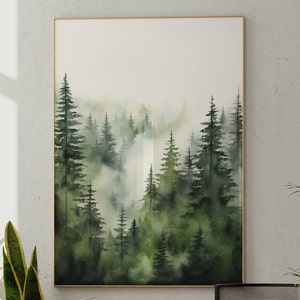 Op de afbeelding: Een aquarel schilderij van een mistig bos met hoge groene bomen. Het schilderij heeft een zachte, etherische uitstraling, waarbij de mist een gevoel van mysterie en diepte cre&euml;ert.