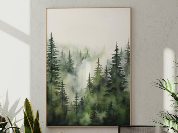 Misty Forest Art | Nordic Room Décor | Emerald Watercolor Art | Eco-Friendly Décor | High-Contrast Art | New Home Gift | Instant Download