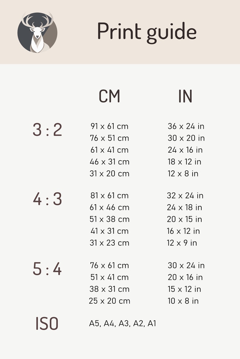 May include: Print guide with a deer illustration.  The guide shows different aspect ratios for printing, including 3:2, 4:3, and 5:4.  The guide also includes standard ISO paper sizes: A5, A4, A3, A2, and A1.  Measurements are provided in both centimeters and inches.