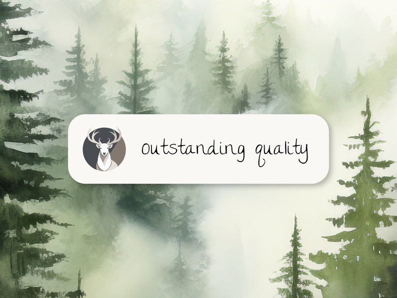 Op de afbeelding: Een aquarel schilderij van een mistig bos met hoge groene bomen. De tekst "outstanding quality" staat op een wit banner op de voorgrond.
