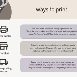 May include: Illustration of three ways to print photos: using a home printer, going to a print shop, or using an online printing service. The text "Ways to print" is at the top of the image.