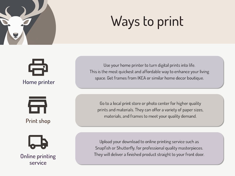 May include: Illustration of three ways to print photos: using a home printer, going to a print shop, or using an online printing service. The text "Ways to print" is at the top of the image.