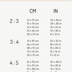 May include: Print guide with measurements in centimeters and inches for different aspect ratios, including 2:3, 3:4, 4:5, and ISO sizes. The guide includes standard paper sizes like A5, A4, A3, A2, and A1.