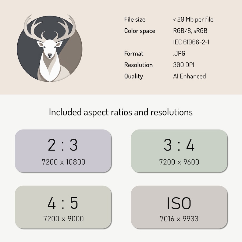 May include: A digital illustration of a white deer with large antlers in a circle. The deer is facing forward with its head tilted slightly down. The background is a brown circle with a white outline. The image includes text describing the file size, color space, format, resolution, and quality of the image. The image also includes text describing the included aspect ratios and resolutions, which are 2:3, 3:4, 4:5, and ISO.