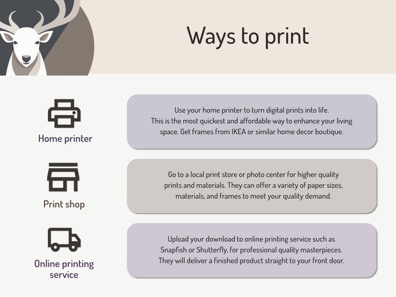 May include: Illustration of three ways to print photos: using a home printer, going to a print shop, or using an online printing service. The text "Ways to print" is at the top of the image.