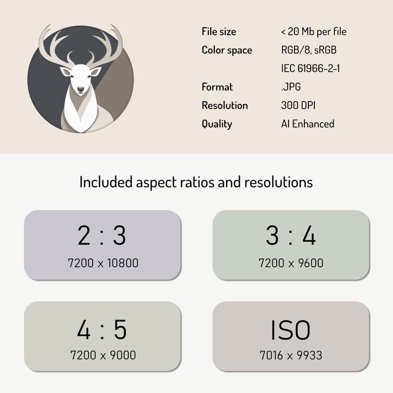 May include: A digital illustration of a white deer with large antlers in a circle. The deer is facing forward with its head tilted slightly down. The background is a brown circle with a white outline. The image includes text describing the file size, color space, format, resolution, and quality of the image. The image also includes text describing the included aspect ratios and resolutions, which are 2:3, 3:4, 4:5, and ISO.