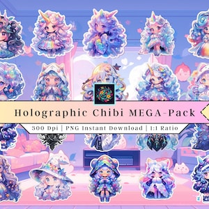 Chibi Holographic pack | Clip Art | Printable Stickers | Anime PNG | Chibi Stickers | Vinyl | Cute Decals | Anime Art