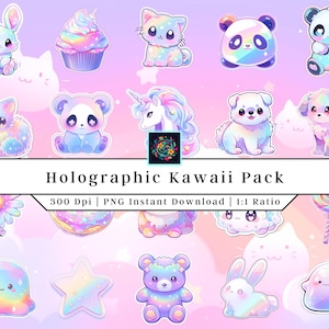Pack holographique kawaii | Clipart | Stickers imprimables | Mignon PNG | Stickers mignons kawaii | Vinyle | Stickers
