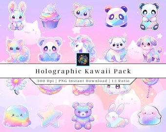 Paquete holográfico Kawaii / Clip Art / Pegatinas imprimibles / PNG lindo / Pegatinas lindas Kawaii / Vinilo / Calcomanías