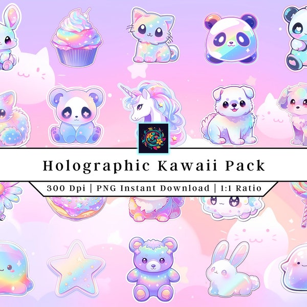 Kawaii holografisch pakket | Illustraties | Afdrukbare stickers | Leuke PNG | Kawaii schattige stickers | Vinyl | Stickers