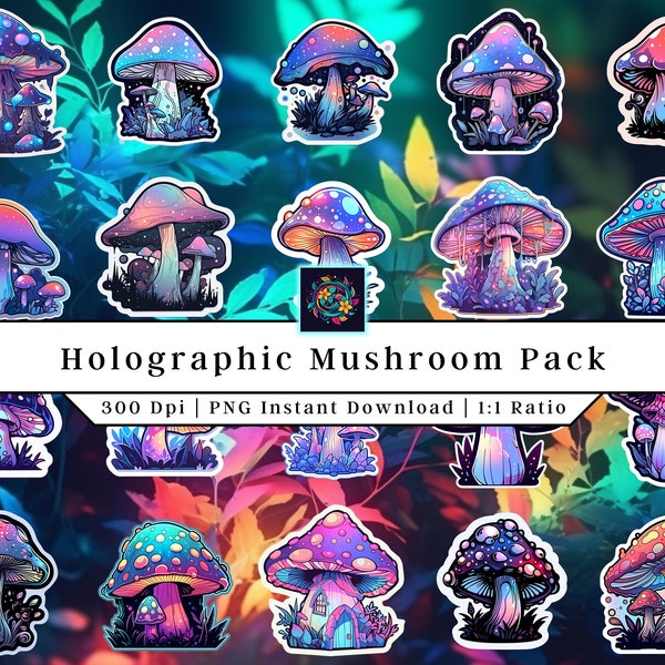 Mushroom Holographic Design | Clip Art | Commercial Use | Mushroom PNG | Mushroom Stickers | Digital Download | Vinyl Stickers