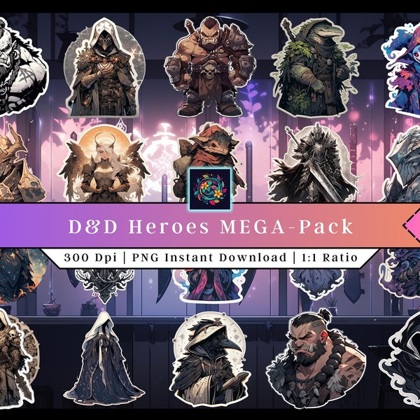 D&D Heroes pack | Clip Art | Printable Stickers | fantasy PNG | Character Stickers | Vinyl | Roleplaying Decals | Dungeons and Dragons Art