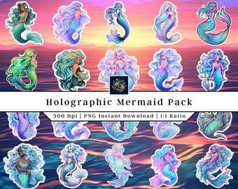 Mermaid Holographic Design | Clip Art | Printable Stickers | Mermaid PNG | Mermaid Stickers | Commercial Use | PNG file | vinyl Stickers