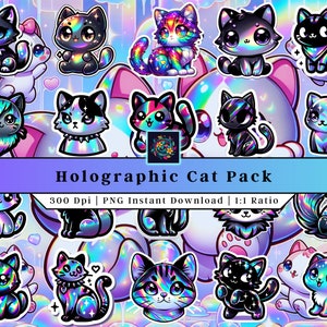 Pack de chat | Clipart | Autocollants imprimables | Emo et art chaton mignon | Autocollants holographiques | Utilisation commerciale | Fichier PNG | Autocollants en vinyle