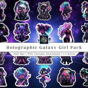 Galaxy Girl Holographic Design | Clip Art | Printable Stickers | Anime Girl PNG | Holographic Stickers | Digital Download | Sticker PNG