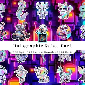 Robot Holographic Design | Clip Art | Printable Stickers | Robot PNG | Robot Stickers | Digital Download | Sticker PNG
