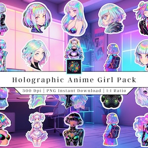 Anime Holographic Girl Design | Clip Art | Printable Stickers | Anime PNG | Anime Girl Stickers | Commercial Use | vinyl Stickers
