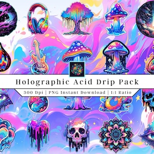 Acid Drip Holographic Pack Clip Art Printable Stickers Hippie PNG ...
