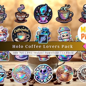 Coffee Lovers-pakket | Illustraties | Afdrukbare stickers | PNG | Koffiestickers | Vinyl | Holografische stickers |  DIY-stickers