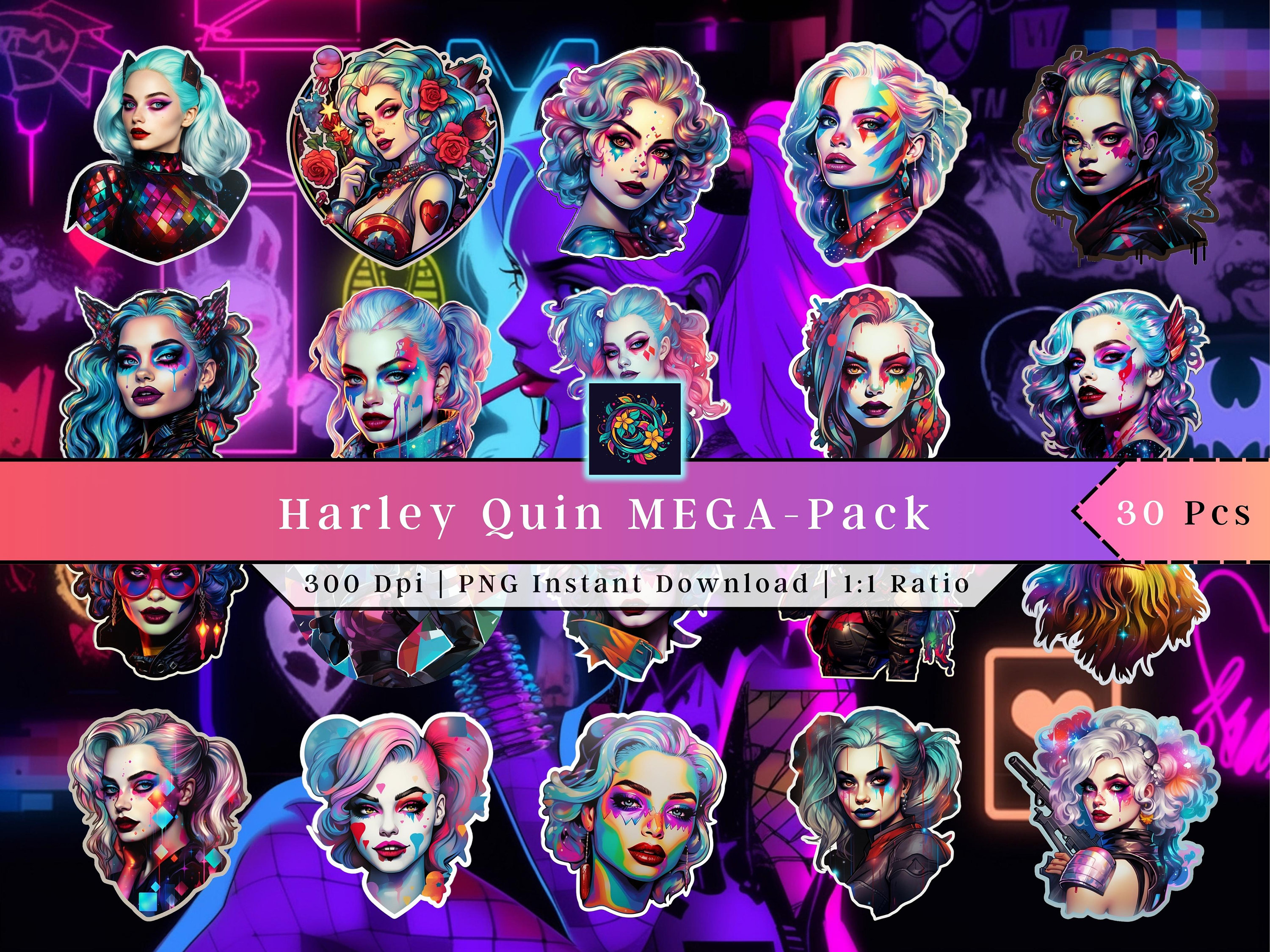 Harley Quin Pack Clip Art Printable Stickers PNG Harley Quin Stickers