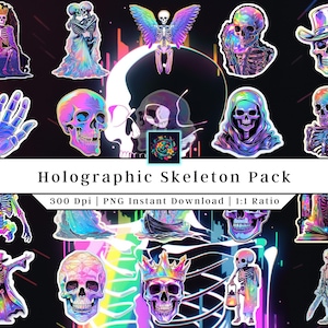 Skeleton Holographic pack | Clip Art | Printable Stickers | Halloween PNG | Skeleton Stickers | Iridescent | Vinyl | Decals