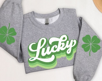 St. Patrick's Day Sweatshirt, Lucky Four Leaf Clover Print, Sleeve Print, Holiday Gift