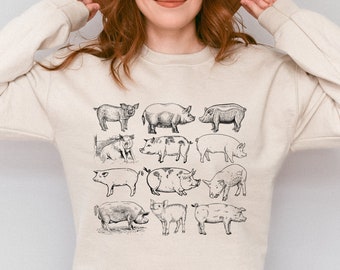 Vintage Pig Print Sweatshirt: Farm Animal Lover Gift