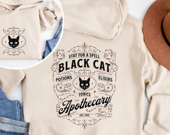 Black Cat Hoodie, Vintage Style, Apothecary Shirt, Halloween Apparel, Cat Lover Gift, Witchy Fashion