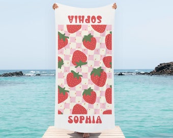 Toalla de playa de fresa, toalla de playa personalizada, toalla de playa personalizada, toalla de piscina personalizada, toalla de piscina personalizada, regalo personalizado para ella