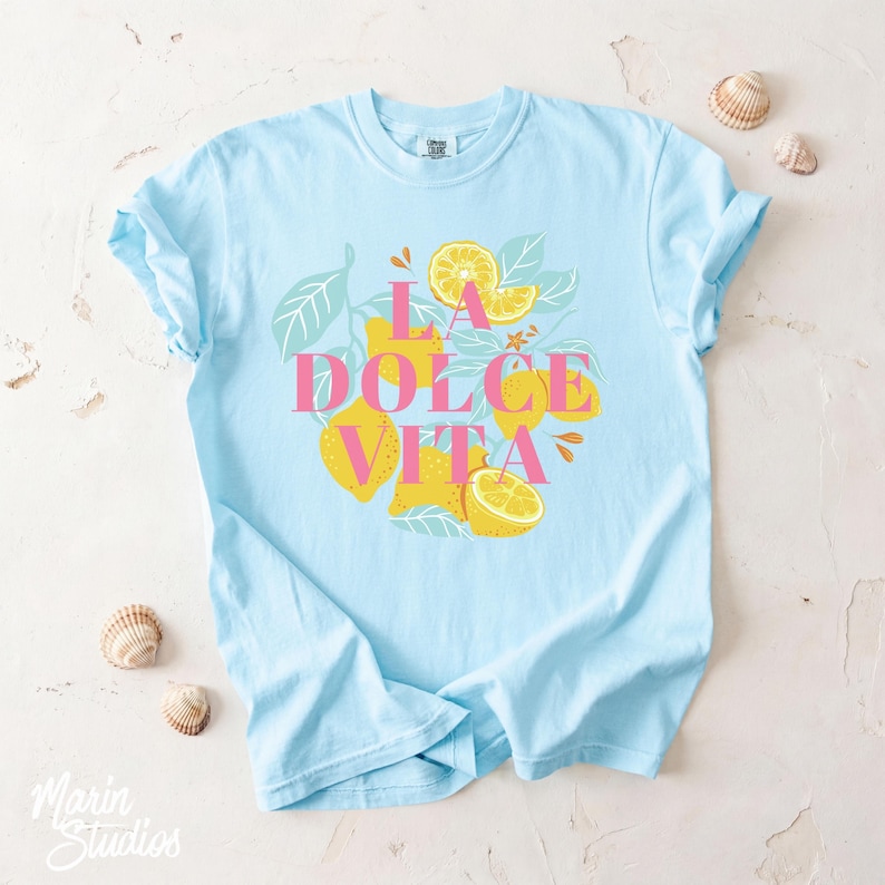 May include: Light blue t-shirt with the text "LA DOLCE VITA" in pink, surrounded by a lemon and leaf design. The shirt is a short-sleeved crew neck.