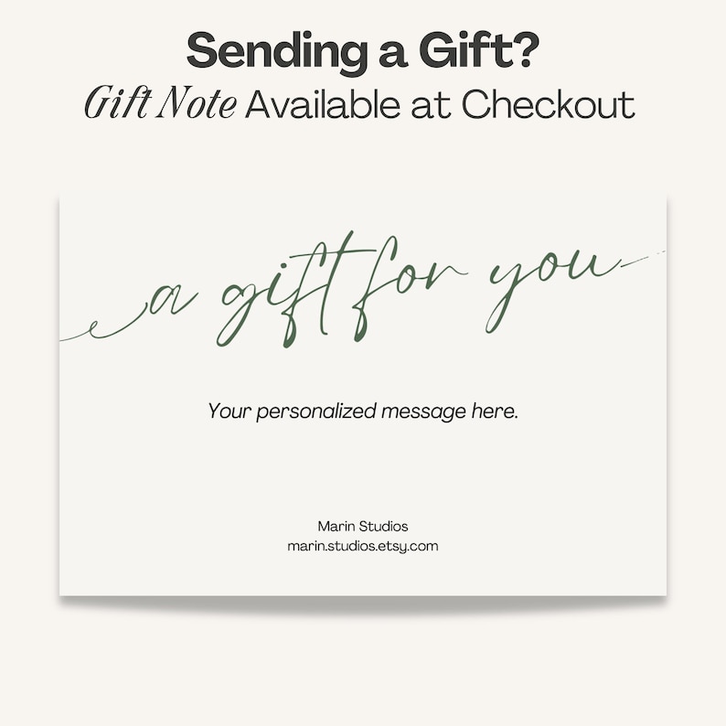 May include: A white gift card with the text "a gift for you" in a handwritten style. The card also includes the text "Sending a Gift? Gift Note Available at Checkout" and the seller's name and website.