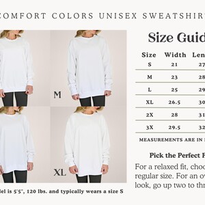 A size and care guide for Comfort Colors sweatshirts: wash in cold water inside out, tumble dry low.
