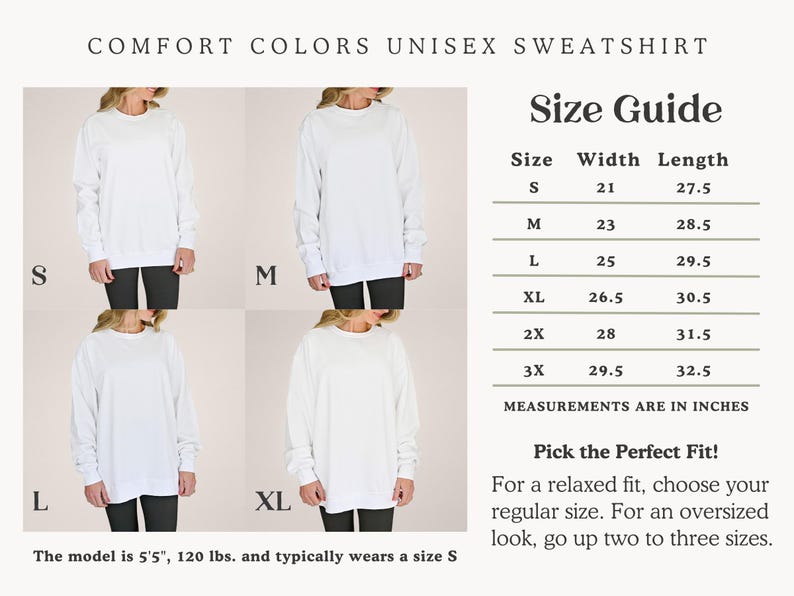 A size and care guide for Comfort Colors sweatshirts: wash in cold water inside out, tumble dry low.