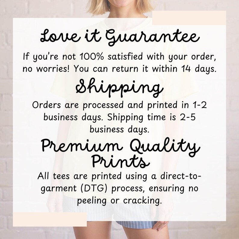 May include: White background with text that reads "Love it Guarantee", "Shipping", and "Premium Quality Prints". The text describes the return policy, processing time, and printing process.