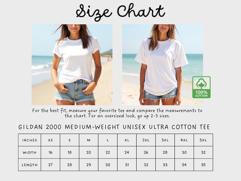 A size guide for Gildan 2000 unisex t-shirts.