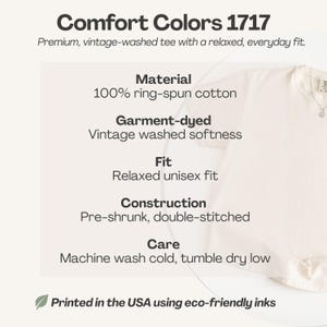 May include: A cream-coloured t-shirt with the text "Comfort Colors 1717" at the top. The shirt is made of 100% ring-spun cotton, garment-dyed for vintage softness, and has a relaxed unisex fit. The shirt is pre-shrunk and double-stitched. Printed in the USA.