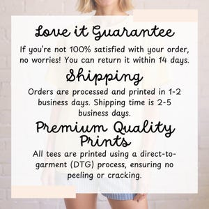 May include: White background with text that reads "Love it Guarantee", "Shipping", and "Premium Quality Prints". The text describes the return policy, processing time, and printing process.