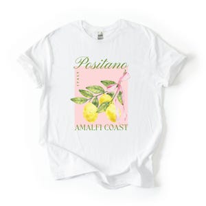 A flat lay of a white Gildan 2000 unisex T-shirt with a design featuring a branch of lemons with a long pink coquette bow tied around it and the phrase Positano, Amalfi Coast, Italy.